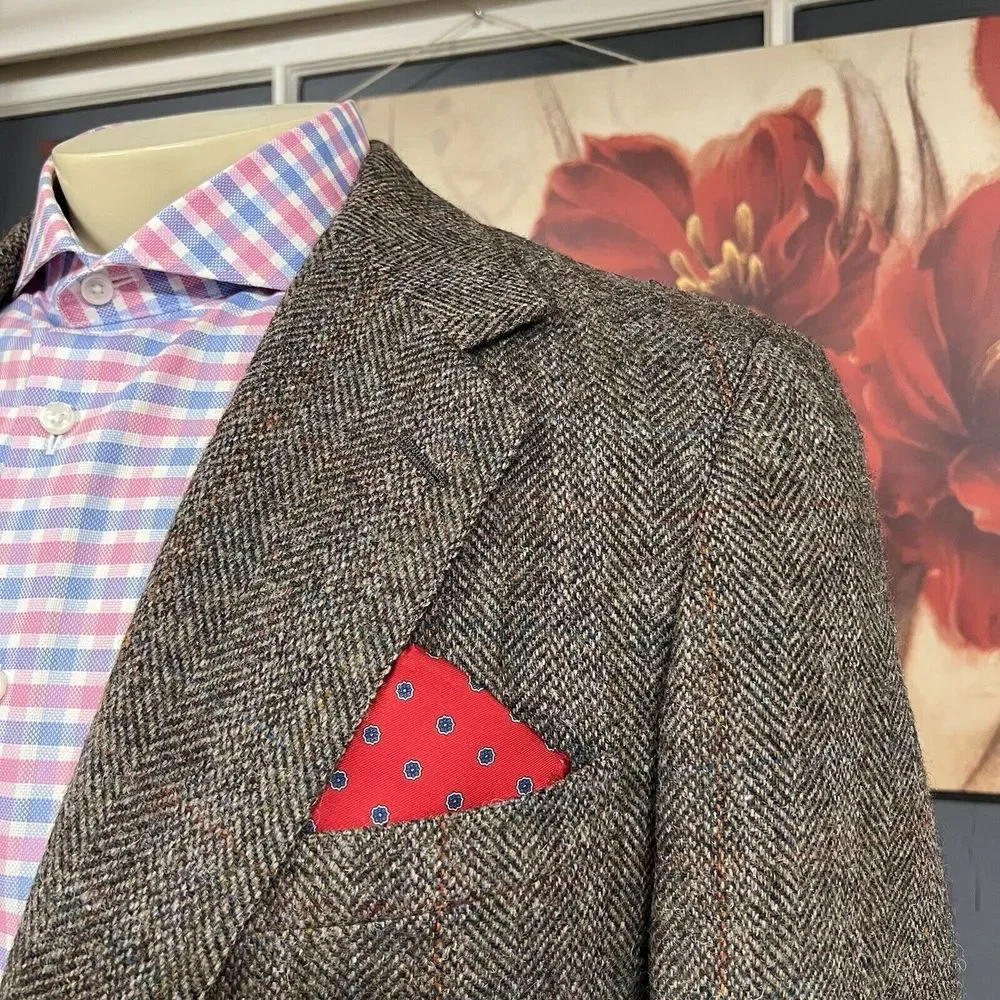VTG Nordstrom Tweed Jacket Hand Tailored In Japan Men 43L Long Wool Herringbone‎